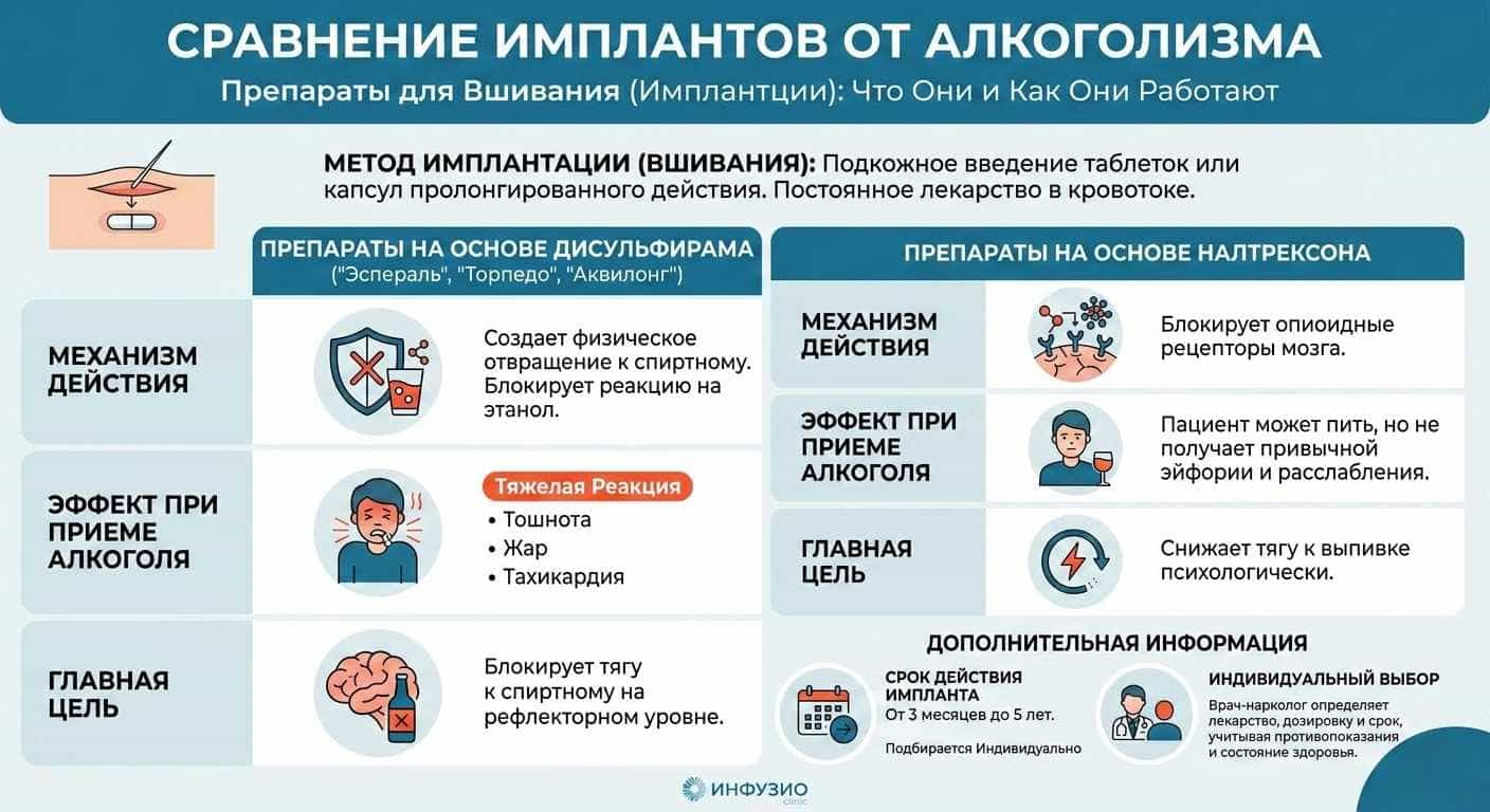 Инфографика сравнения имплантов от алкоголизма: Эспераль (Дисульфирам) и Налтрексон в клинике Инфузио